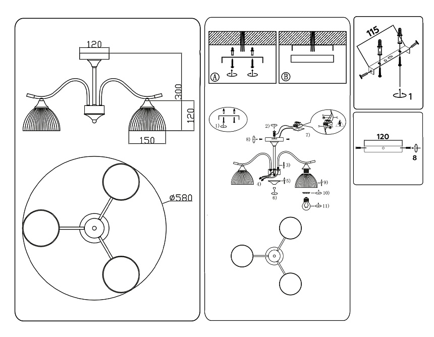 TR3161/3 BK/FGD черный/золото E27/3 max 60W D580*300